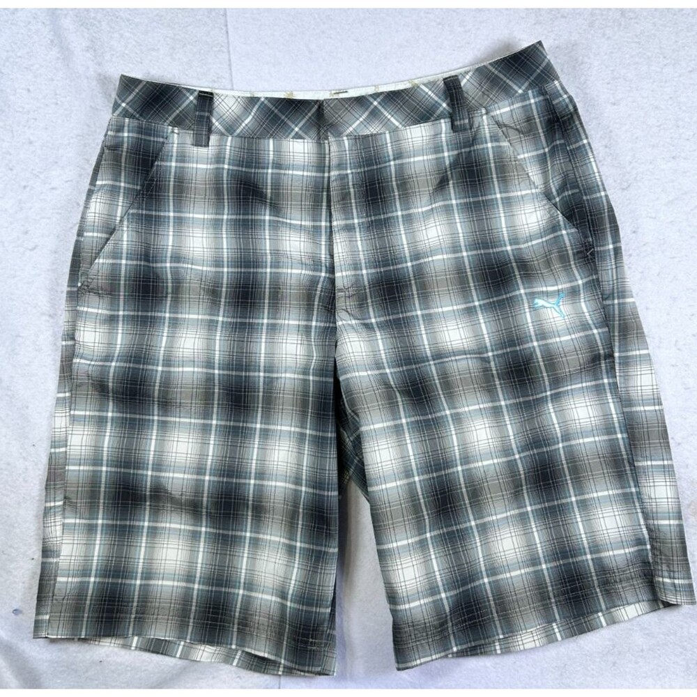 PUMA Golf Shorts Men's 34 Gray Blue Plaid dryCELL Chino Bermuda Flat Front